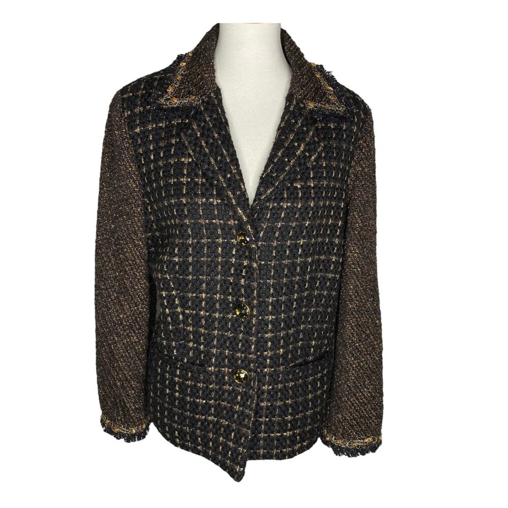 Chico's Tweed Blazer Womens Large 12/14 Brown Plaid Metallic Fringe Beaded